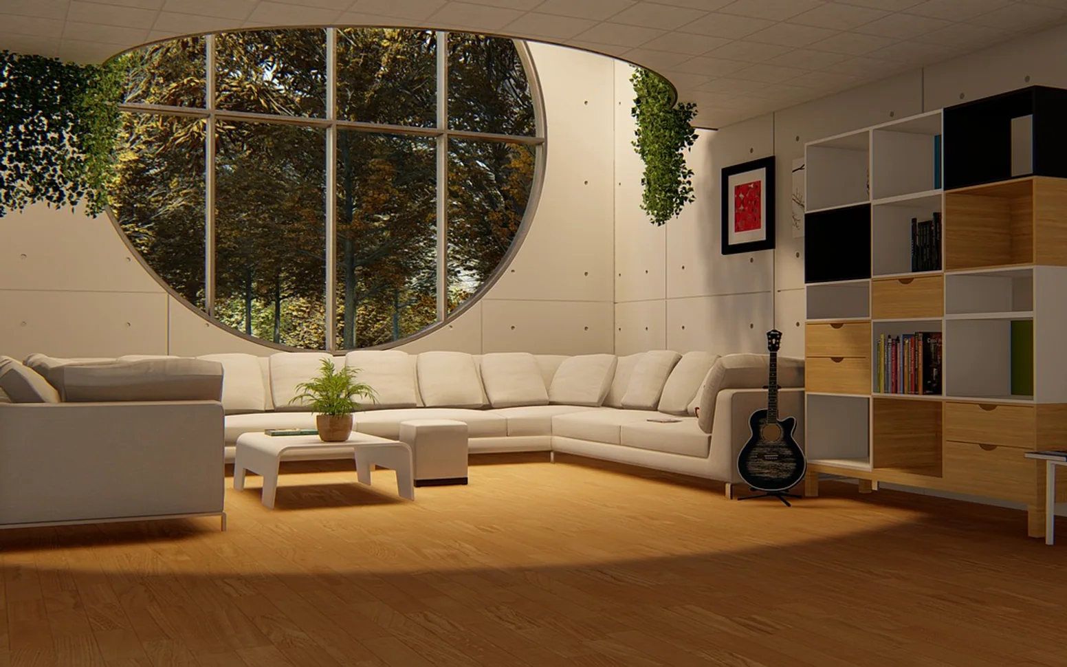 Round window, living room and sofa set
